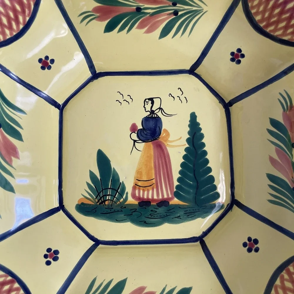 Quimper Octagonal Woman Serving Bowl‎ W/ Lattice  Soleil   11